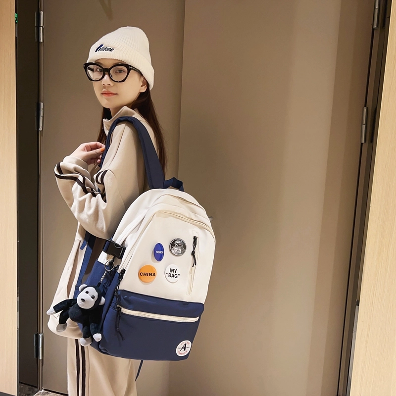 單倉 潮流简约设计大容量初高中学生轻便百搭书包 尼龙 背包双肩包 常规 男女同款情侣款 黑色/黑配白/浅蓝配白/深蓝配白