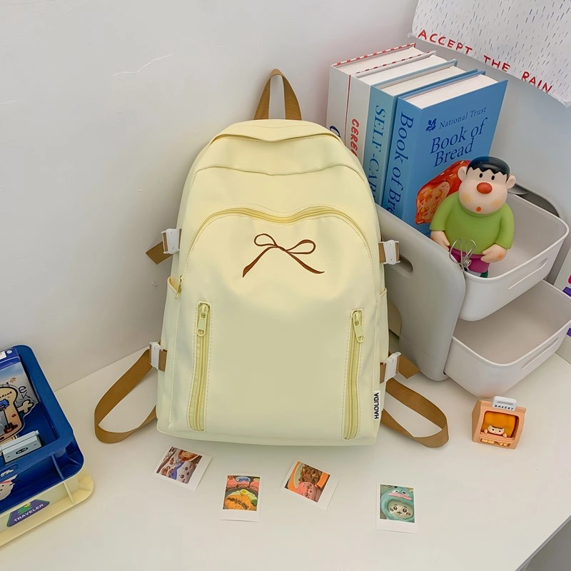 單倉 韩系可爱蝴蝶结设计初高中学生大容量书包简约通勤百搭背包 尼龙 双肩包 女款 米白色/黄色/粉色/蓝色/黑色