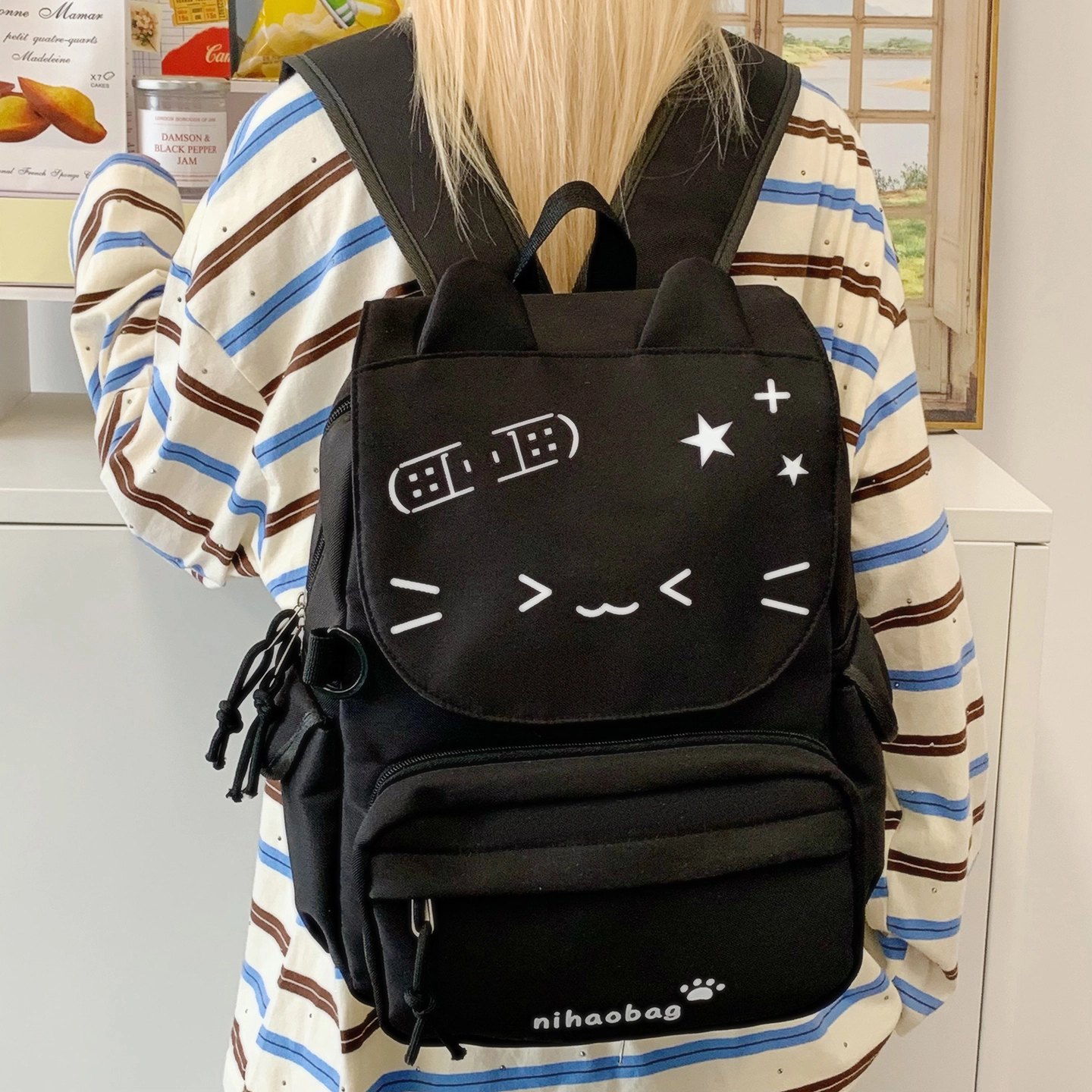 單倉 高颜值可爱猫咪日系可拆卸学院风轻便耐磨背包初高中学生大容量通勤百搭书包 尼龙布 双肩痛包 常规 女款 黄色/绿色/蓝色/黑色