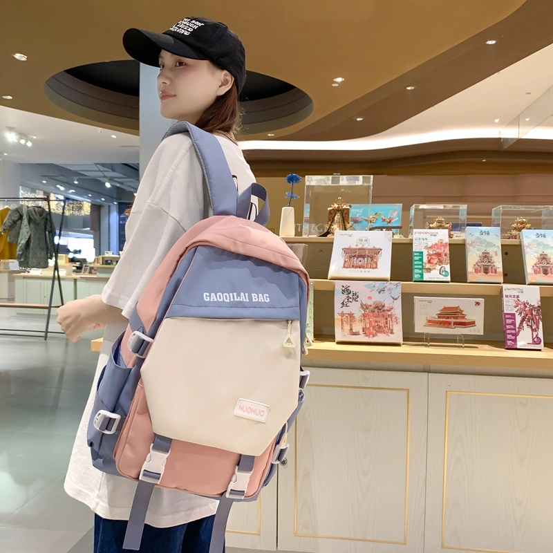 單倉 韩版休闲简约拼色初高中学生大容量通勤百搭背包 尼龙 双肩包 男女同款情侣款 多色