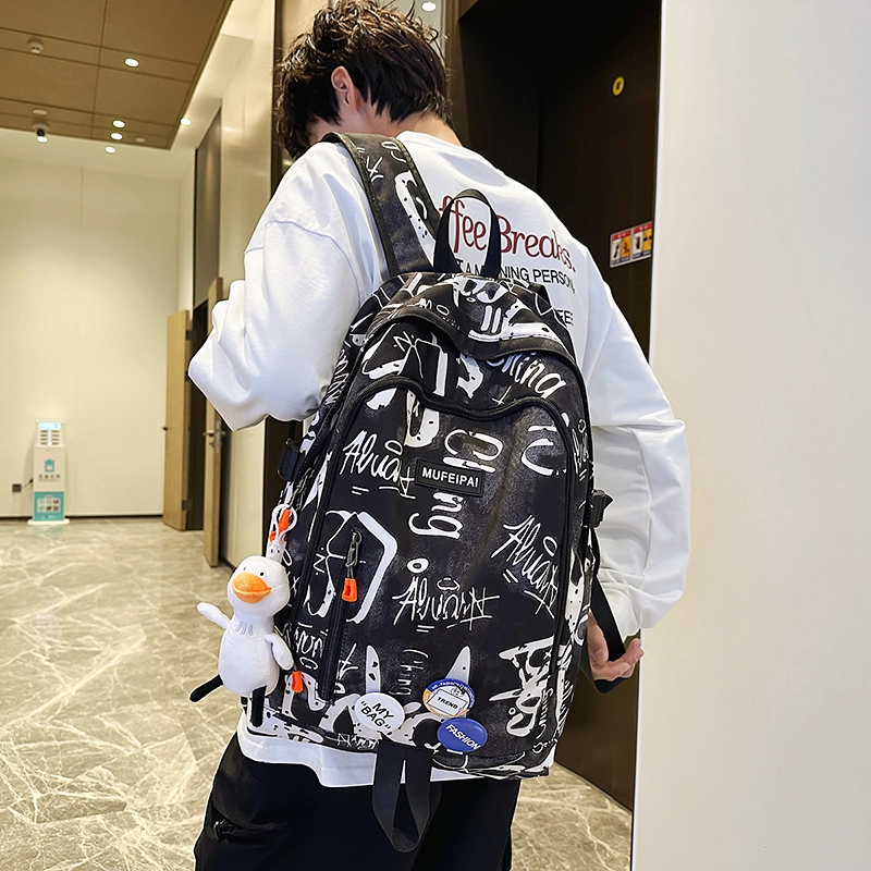單倉 时尚个性街头涂鸦双肩包初高中学生百搭潮酷大容量旅行 尼龙 书包背包 常规 男女同款情侣款 蓝色/白色/黑色