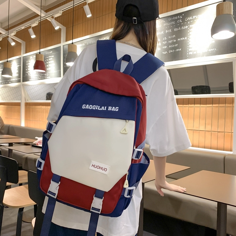 單倉 韩版休闲简约拼色初高中学生大容量通勤百搭背包 尼龙 双肩包 男女同款情侣款 多色