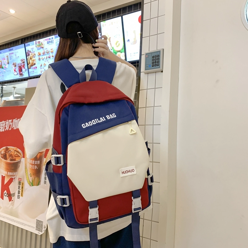 單倉 韩版休闲简约拼色初高中学生大容量通勤百搭背包 尼龙 双肩包 男女同款情侣款 多色