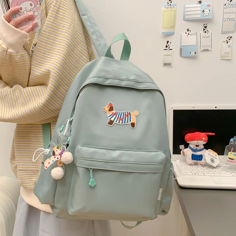單倉 日系可爱腊肠狗书包初高中大学生简约百搭小清新卡通短途旅行 复合布 背包双肩包 男女同款情侣款 白色/蓝色/黑色/绿色