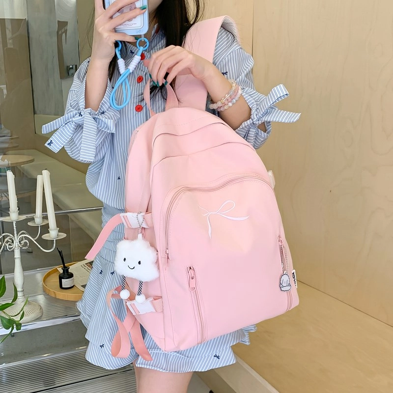 單倉 韩系可爱蝴蝶结设计初高中学生大容量书包简约通勤百搭背包 尼龙 双肩包 女款 米白色/黄色/粉色/蓝色/黑色