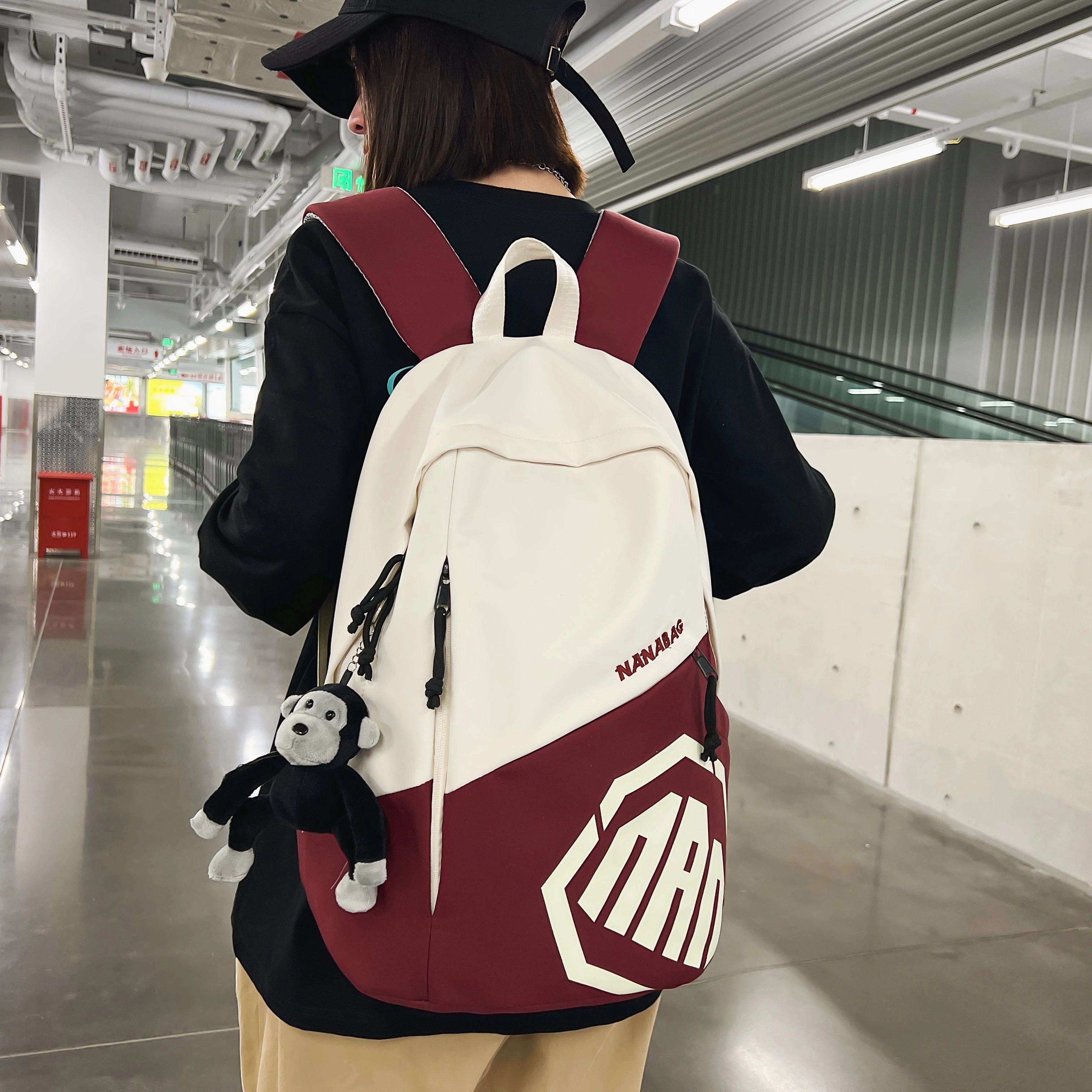 單倉 潮酷休闲大容量美式字母初高中学生短途旅行通勤 尼龙 书包背包双肩包 男女同款情侣款 灰色/卡其色/蓝色/红色