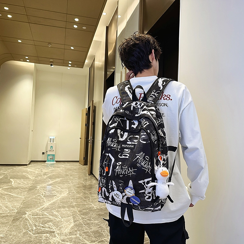 單倉 时尚个性街头涂鸦双肩包初高中学生百搭潮酷大容量旅行 尼龙 书包背包 常规 男女同款情侣款 蓝色/白色/黑色
