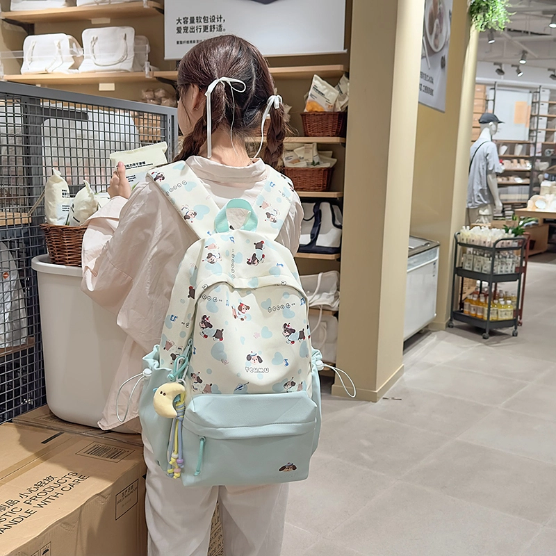 單倉 高颜值印花设计学院风轻便耐磨书包初高中学生大容量通勤百搭背包 尼龙 双肩包 常规 男女同款情侣款 黑色/粉色/蓝色/绿色/黄色