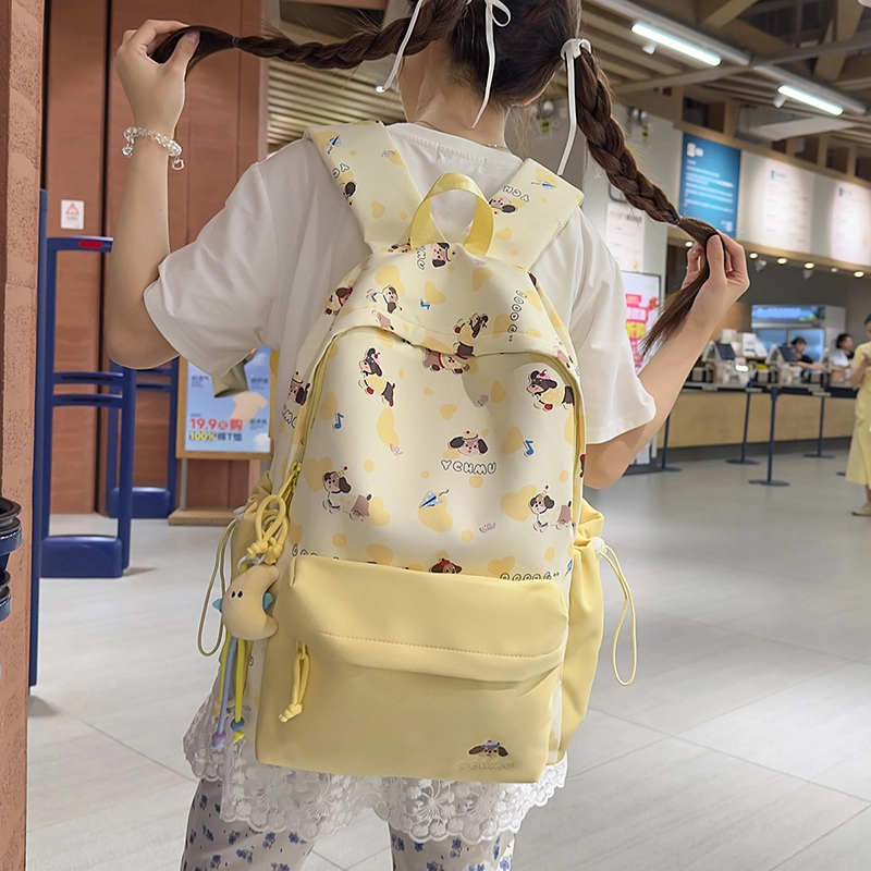 單倉 高颜值印花设计学院风轻便耐磨书包初高中学生大容量通勤百搭背包 尼龙 双肩包 常规 男女同款情侣款 黑色/粉色/蓝色/绿色/黄色