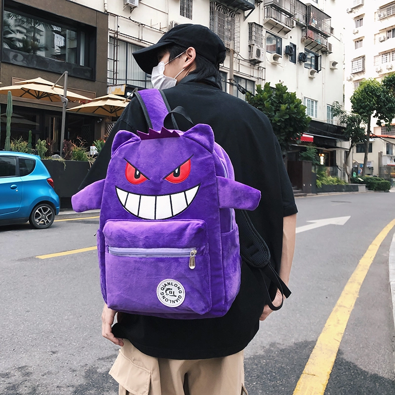 單倉 小众设计休闲百搭个性潮酷书包初高中学生大容量卡通搞怪吸睛 毛绒 电脑背包双肩包 常规 男女同款情侣款 黑色