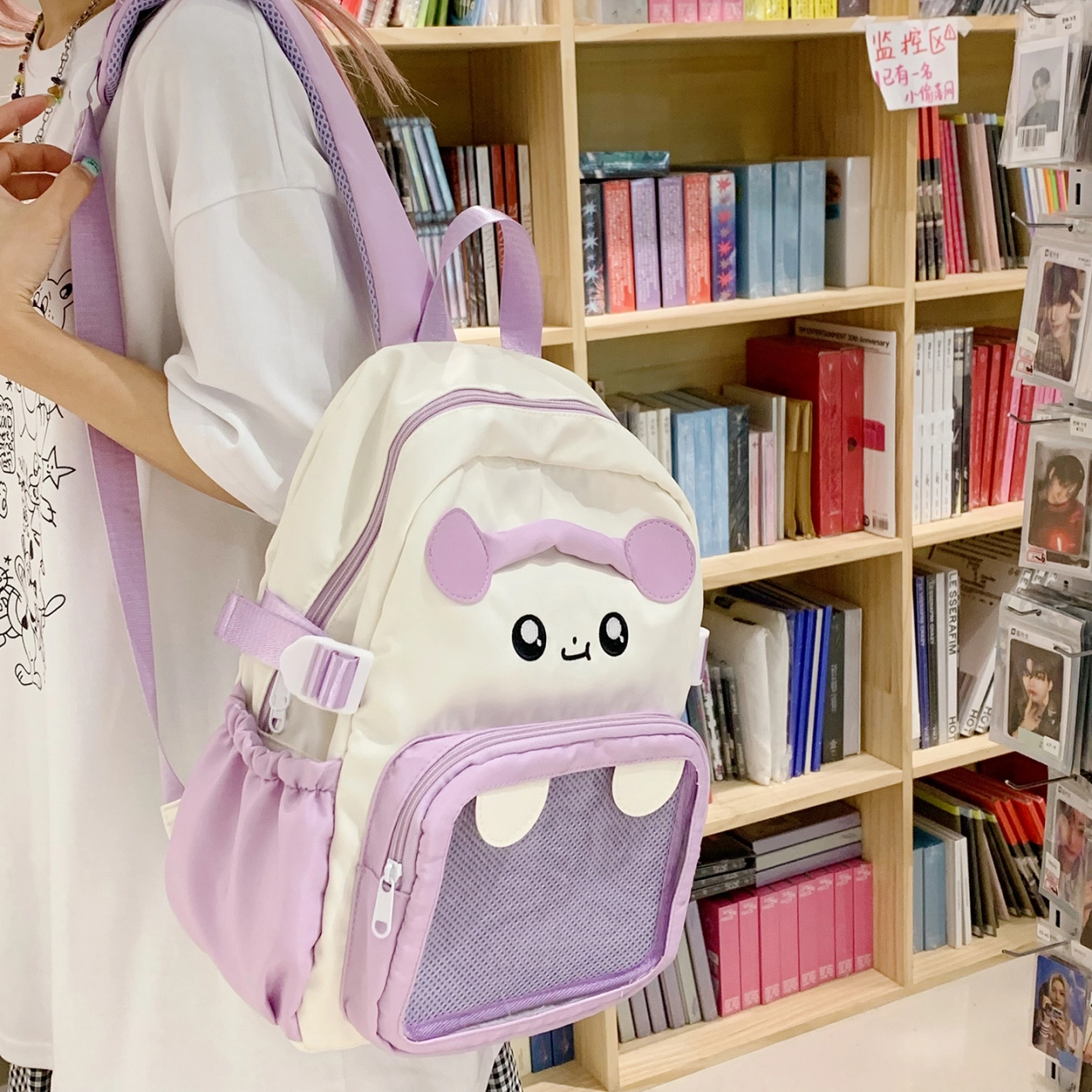 單倉 日系可爱卡通设计学院风轻便耐磨背包初高中学生大容量通勤百搭书包 尼龙布 双肩包 常规 女款 白色/粉色/蓝色/紫色/黑色