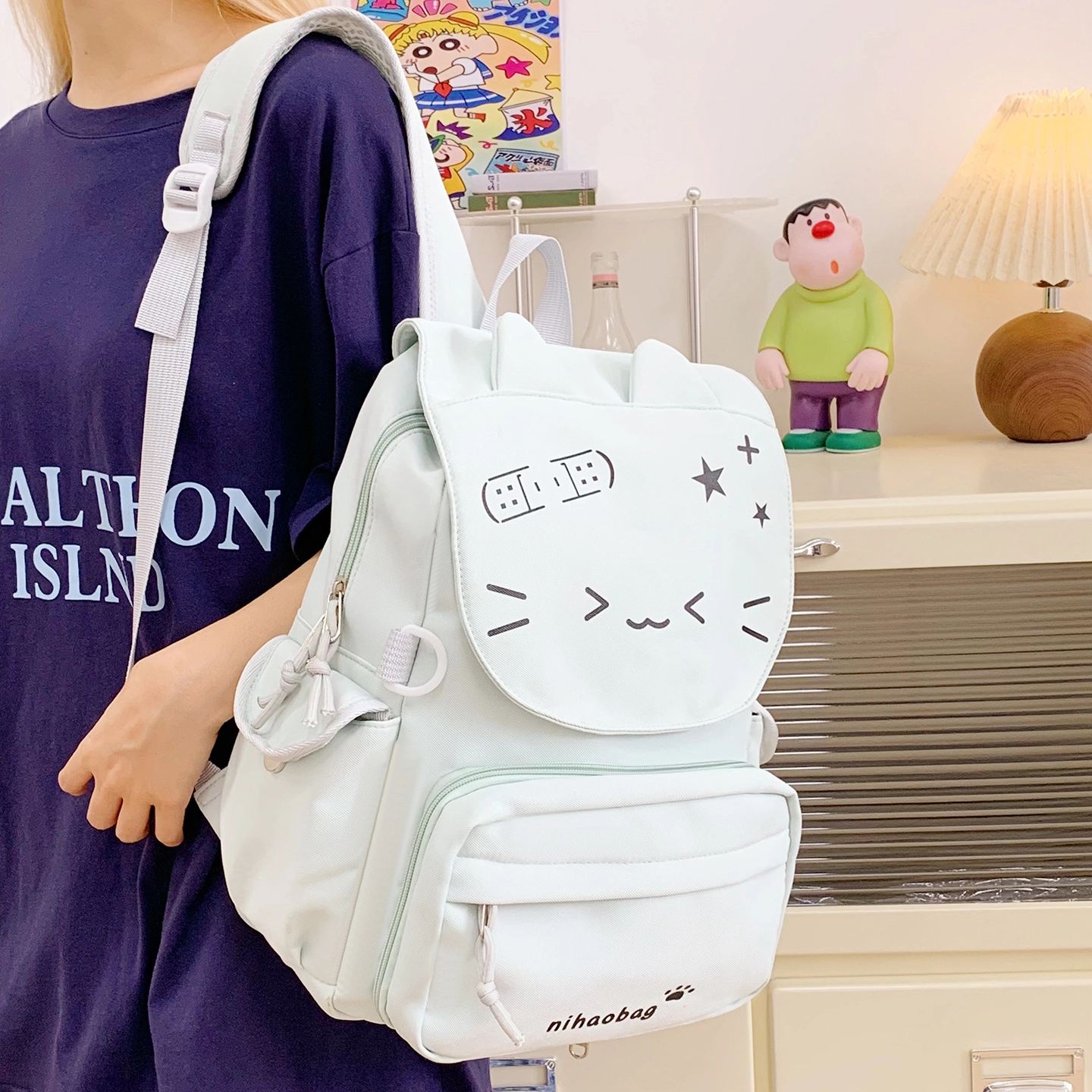 單倉 高颜值可爱猫咪日系可拆卸学院风轻便耐磨背包初高中学生大容量通勤百搭书包 尼龙布 双肩痛包 常规 女款 黄色/绿色/蓝色/黑色