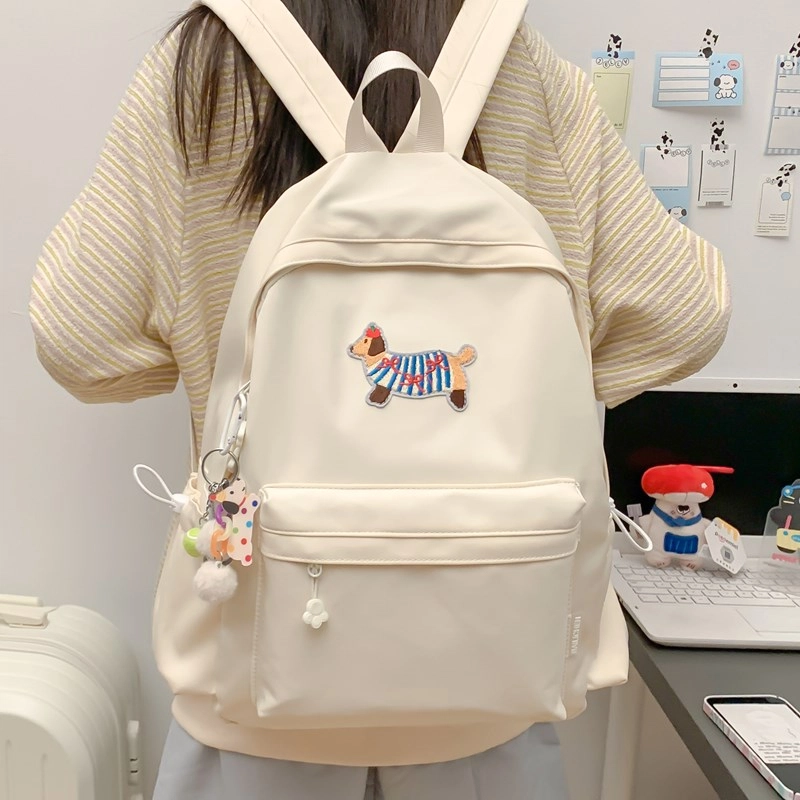 單倉 日系可爱腊肠狗书包初高中大学生简约百搭小清新卡通短途旅行 复合布 背包双肩包 男女同款情侣款 白色/蓝色/黑色/绿色