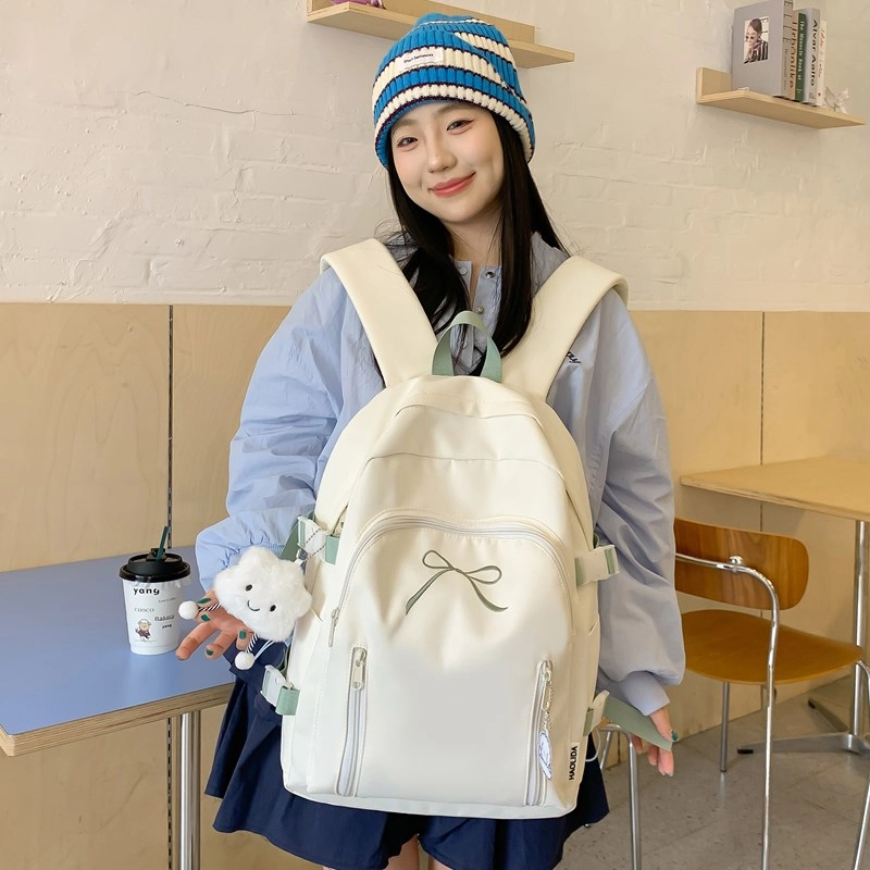 單倉 韩系可爱蝴蝶结设计初高中学生大容量书包简约通勤百搭背包 尼龙 双肩包 女款 米白色/黄色/粉色/蓝色/黑色