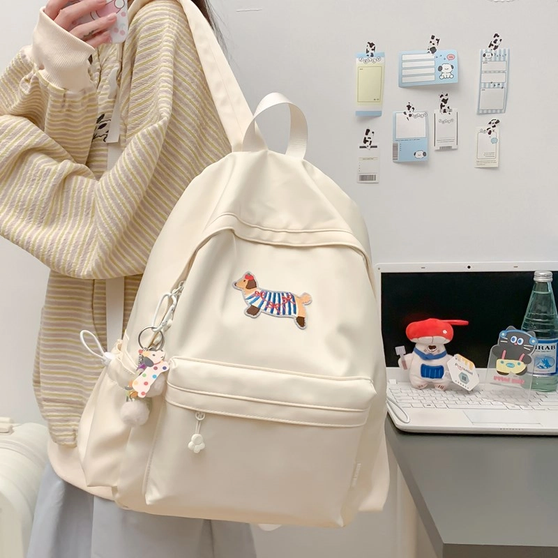 單倉 日系可爱腊肠狗书包初高中大学生简约百搭小清新卡通短途旅行 复合布 背包双肩包 男女同款情侣款 白色/蓝色/黑色/绿色