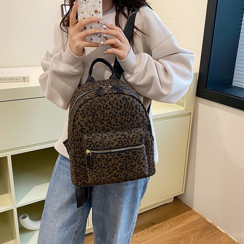 單倉 韩版时尚小众设计豹纹个性 针织布 双肩包 女款 棕色/咖色