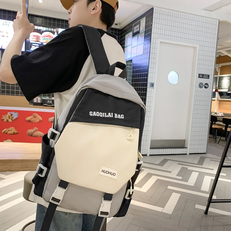單倉 韩版休闲简约拼色初高中学生大容量通勤百搭背包 尼龙 双肩包 男女同款情侣款 多色