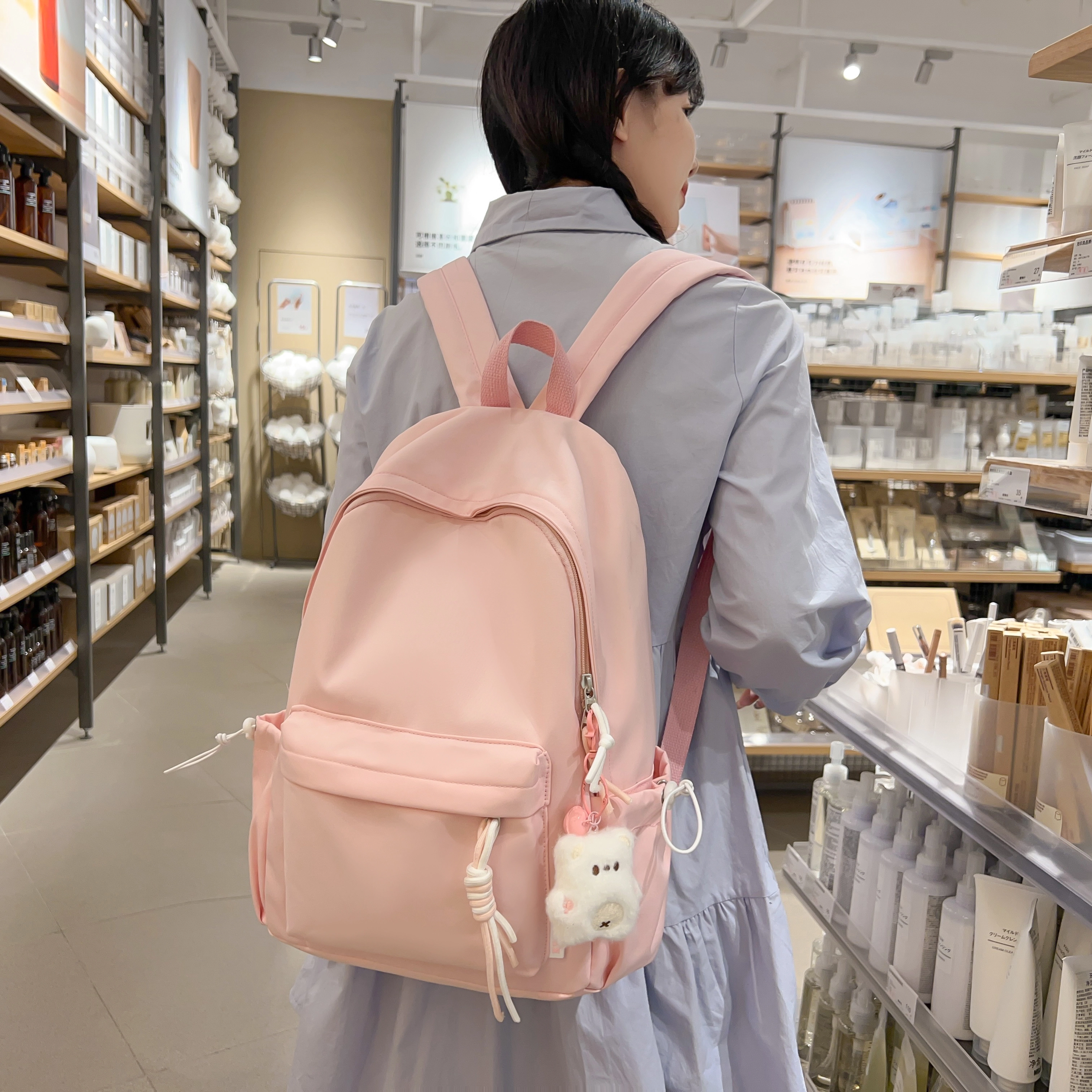 單倉 纯色小清新轻便书包学生小众高颜值 尼龙 背包双肩包 男女同款情侣款 黑色/黄色/桔色/绿色/白色/粉色