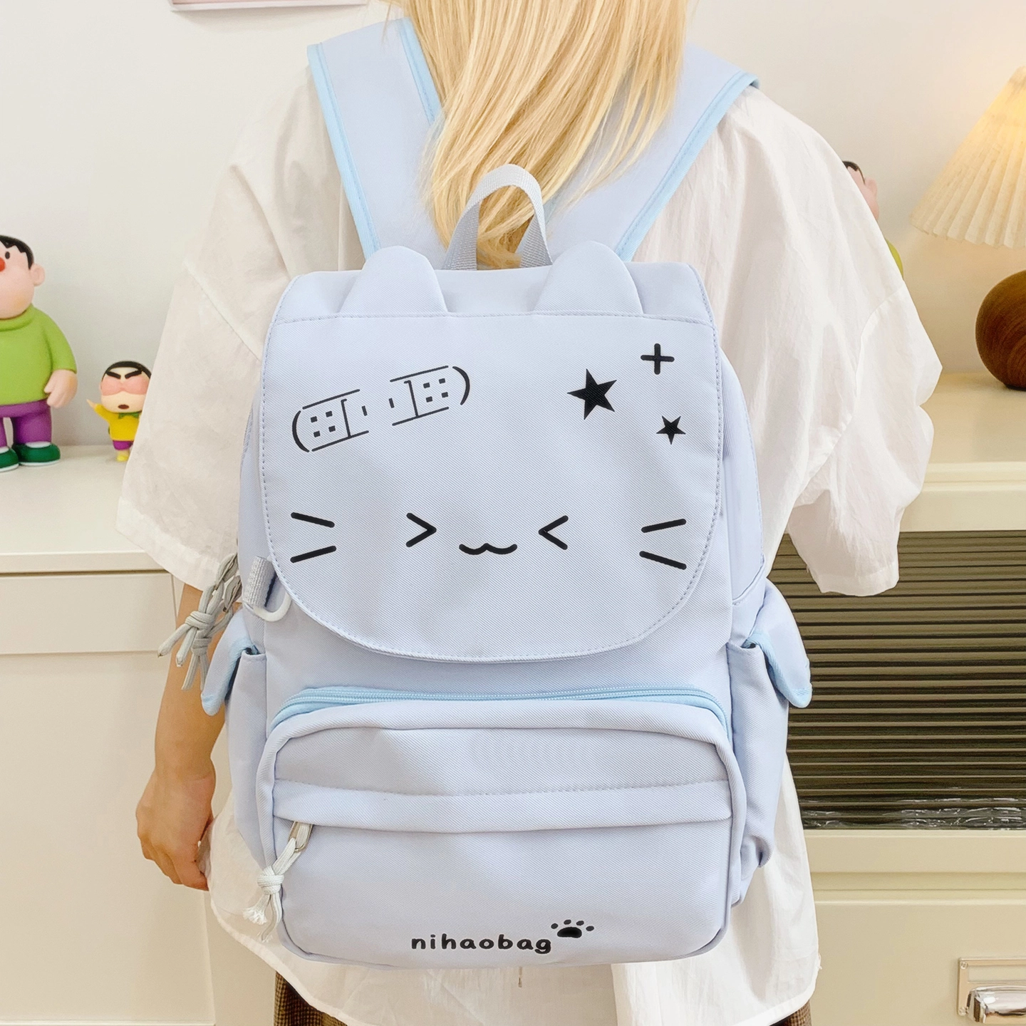單倉 高颜值可爱猫咪日系可拆卸学院风轻便耐磨背包初高中学生大容量通勤百搭书包 尼龙布 双肩痛包 常规 女款 黄色/绿色/蓝色/黑色