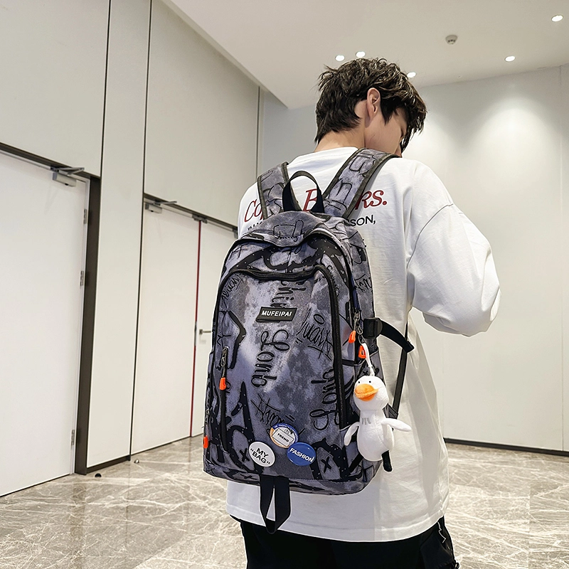 單倉 时尚个性街头涂鸦双肩包初高中学生百搭潮酷大容量旅行 尼龙 书包背包 常规 男女同款情侣款 蓝色/白色/黑色