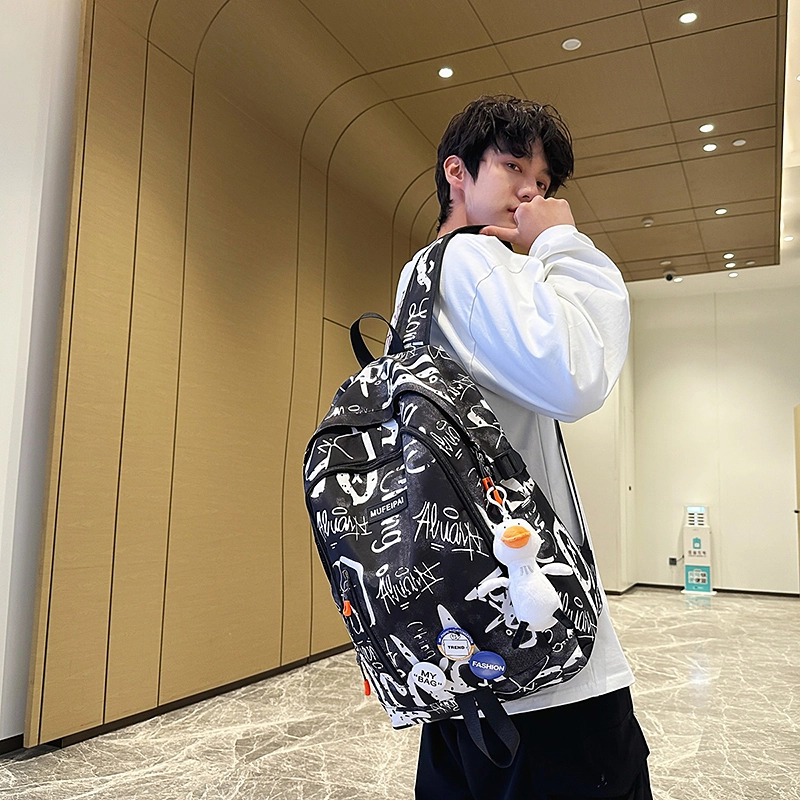 單倉 时尚个性街头涂鸦双肩包初高中学生百搭潮酷大容量旅行 尼龙 书包背包 常规 男女同款情侣款 蓝色/白色/黑色