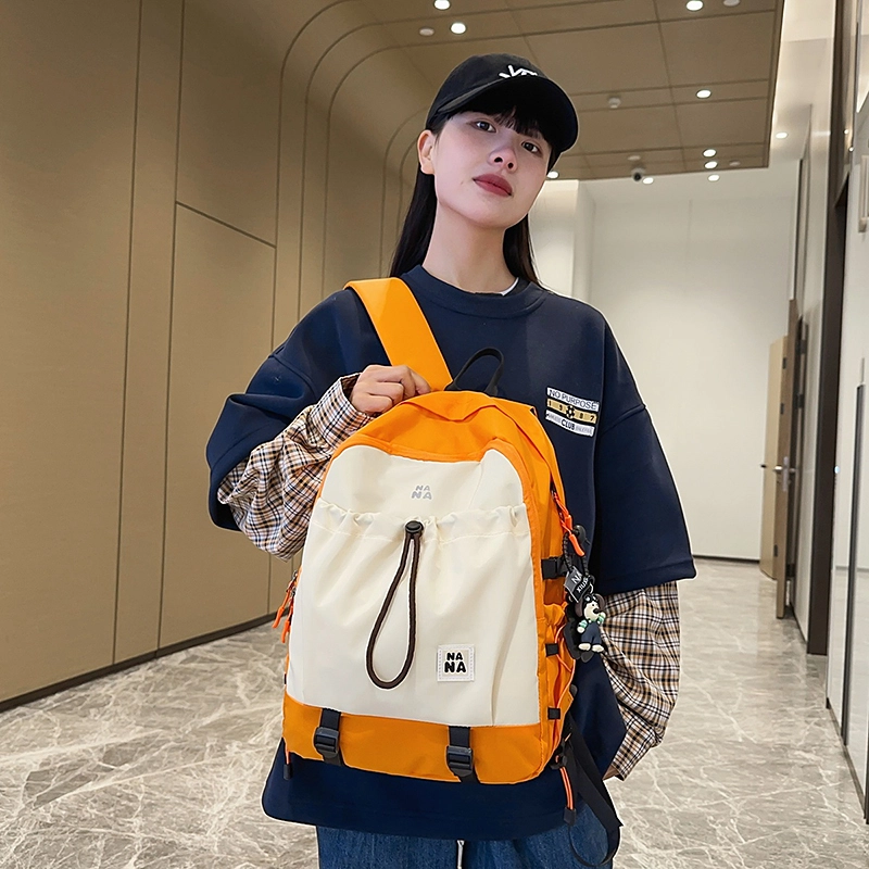 單倉 日系简约小众设计初高中学生大容量书包高颜值通勤百搭轻便背包 尼龙 双肩包 男女同款情侣款 黑色/果绿色/棕色/蓝色/橘色