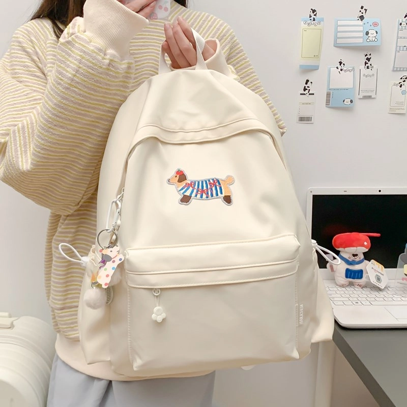 單倉 日系可爱腊肠狗书包初高中大学生简约百搭小清新卡通短途旅行 复合布 背包双肩包 男女同款情侣款 白色/蓝色/黑色/绿色