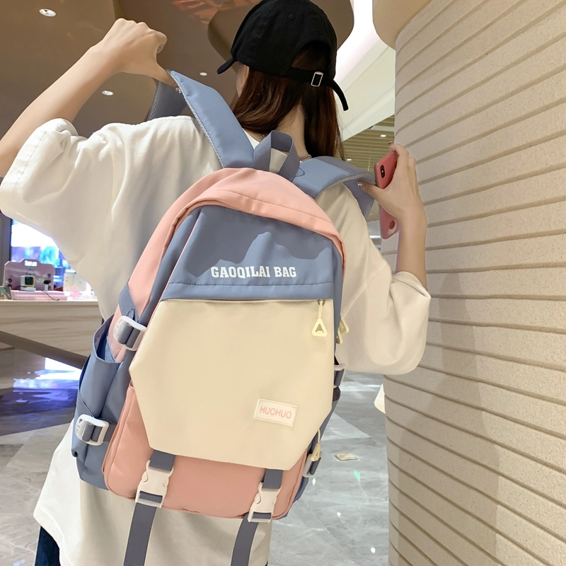 單倉 韩版休闲简约拼色初高中学生大容量通勤百搭背包 尼龙 双肩包 男女同款情侣款 多色