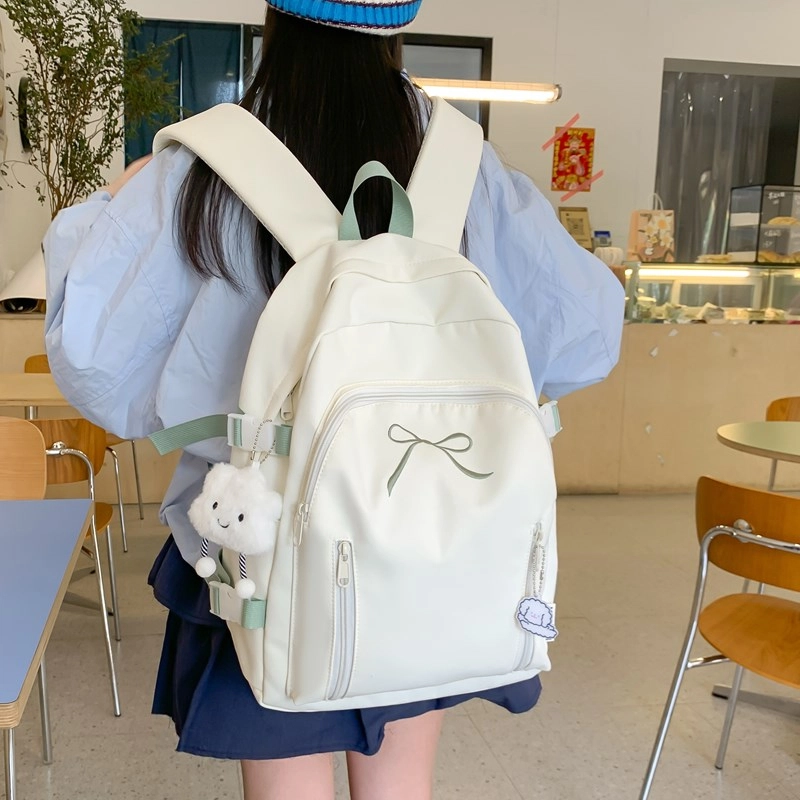 單倉 韩系可爱蝴蝶结设计初高中学生大容量书包简约通勤百搭背包 尼龙 双肩包 女款 米白色/黄色/粉色/蓝色/黑色