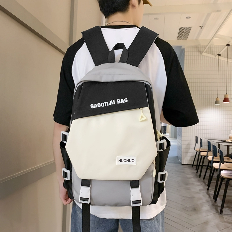 單倉 韩版休闲简约拼色初高中学生大容量通勤百搭背包 尼龙 双肩包 男女同款情侣款 多色
