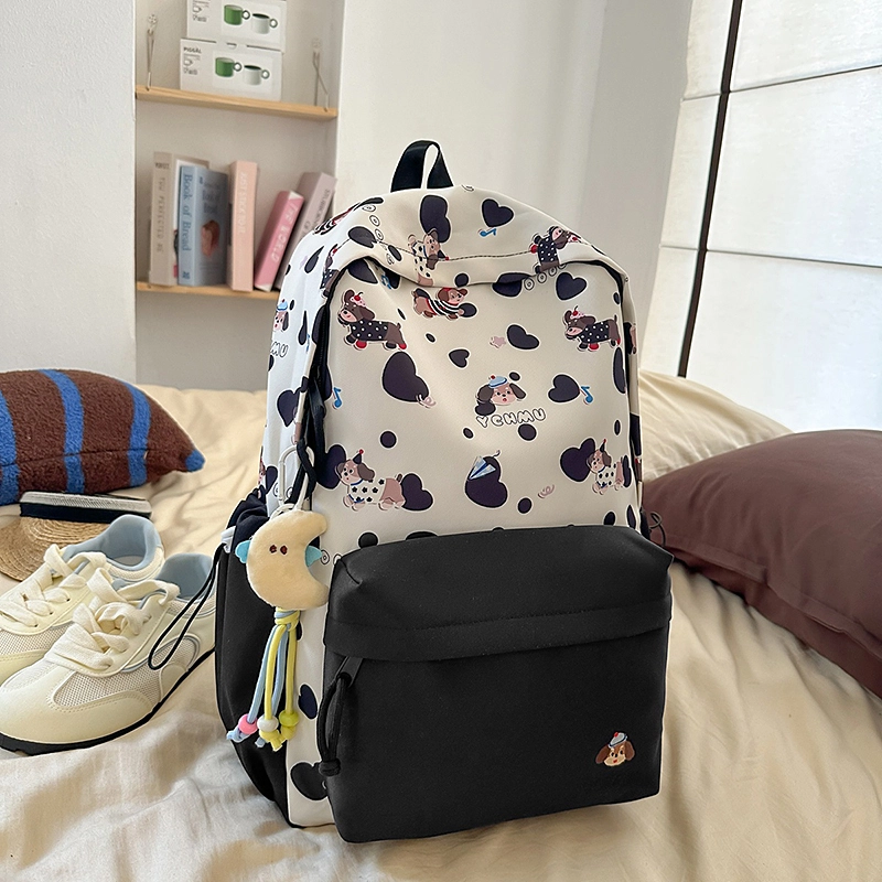 單倉 高颜值印花设计学院风轻便耐磨书包初高中学生大容量通勤百搭背包 尼龙 双肩包 常规 男女同款情侣款 黑色/粉色/蓝色/绿色/黄色