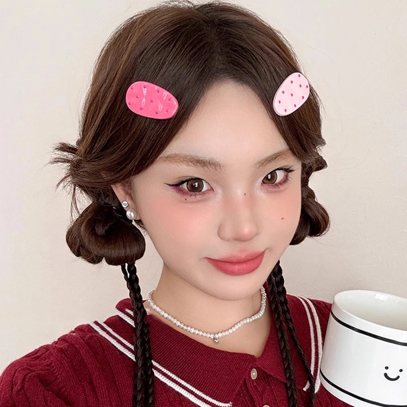 水中玉 粉色波点椭圆发卡可爱边夹侧边甜美少女刘海碎发鸭嘴夹子头饰 亚克力 发夹 女款
