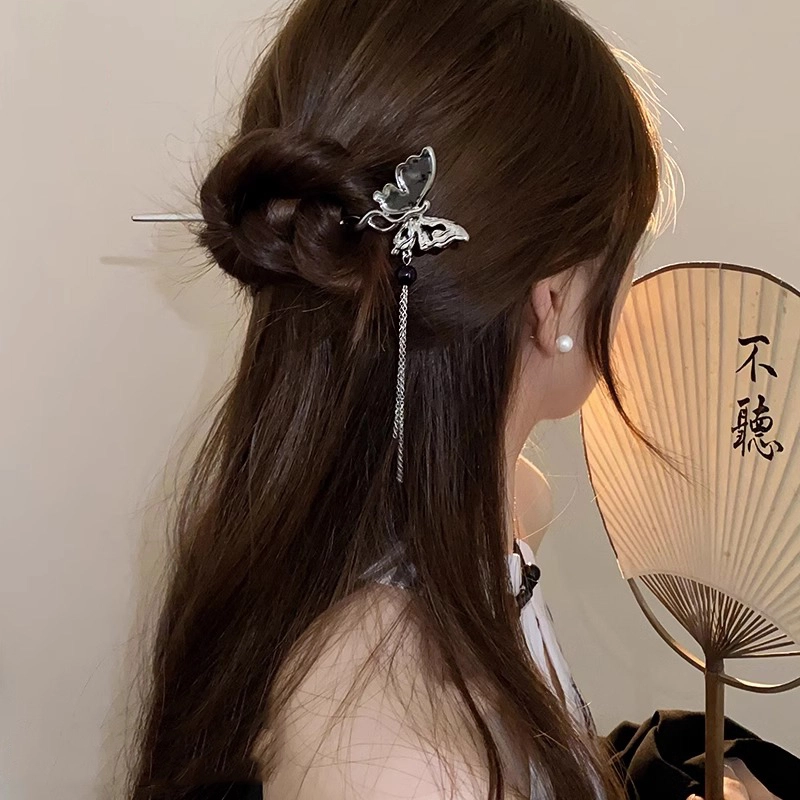 水中玉 蝴蝶流苏簪子女盘发发钗新中式古风马面裙钗子中国风头饰 发簪 女款