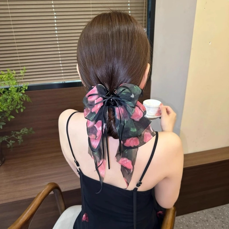 水中玉 森系碎花玫瑰飘带蝴蝶结 亚克力 发夹 女款