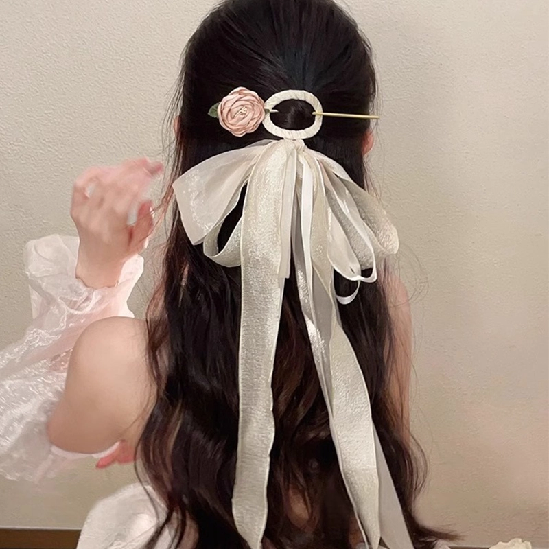 水中玉 山茶花蝴蝶结流苏飘带簪子女新中式盘发发钗汉服旗袍配饰发卡 发簪 女款
