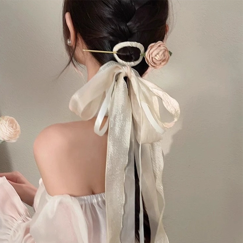 水中玉 山茶花蝴蝶结流苏飘带簪子女新中式盘发发钗汉服旗袍配饰发卡 发簪 女款