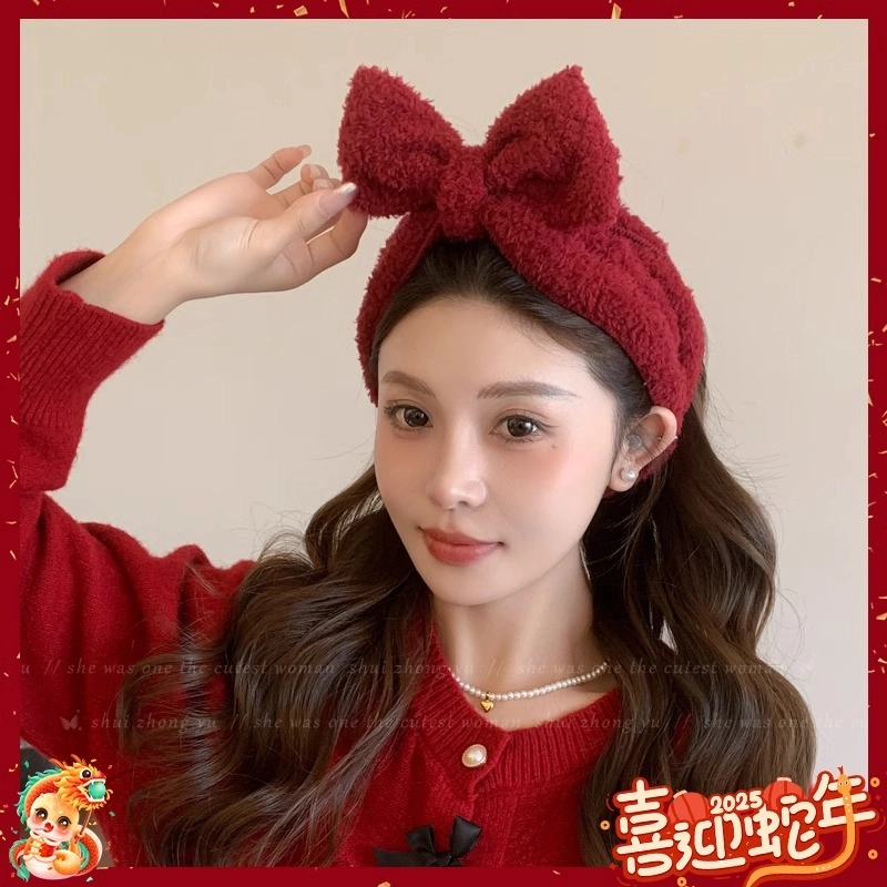水中玉 新年红色毛绒蝴蝶结发箍高颅顶发卡头箍宽边洗脸压发发捆头饰 布艺 发带 女款