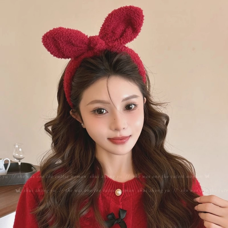 水中玉 新年红色蝴蝶结毛绒发箍洗脸压发发卡头饰发捆秋冬外出百搭头箍 布艺 发箍 女款