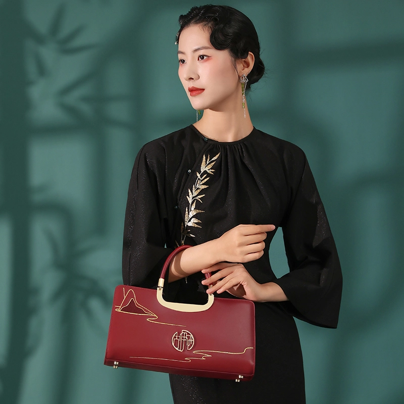 古伊西 云山绵延新中式大气妈妈包 中国风刺绣工艺 牛皮 红色结婚新娘包高级感婚礼手提包 中号 女款 开门红