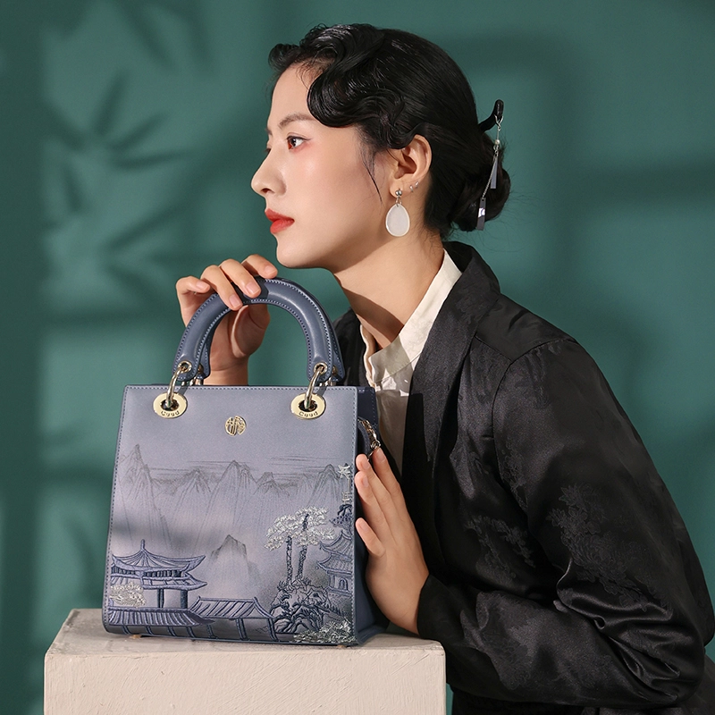 古伊西 亭台望岳 新中式国风刺绣手提包牛皮斜挎包 女款 黛蓝