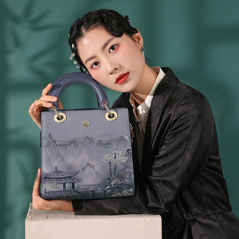 古伊西 亭台望岳 新中式国风刺绣手提包牛皮斜挎包 女款 黛蓝