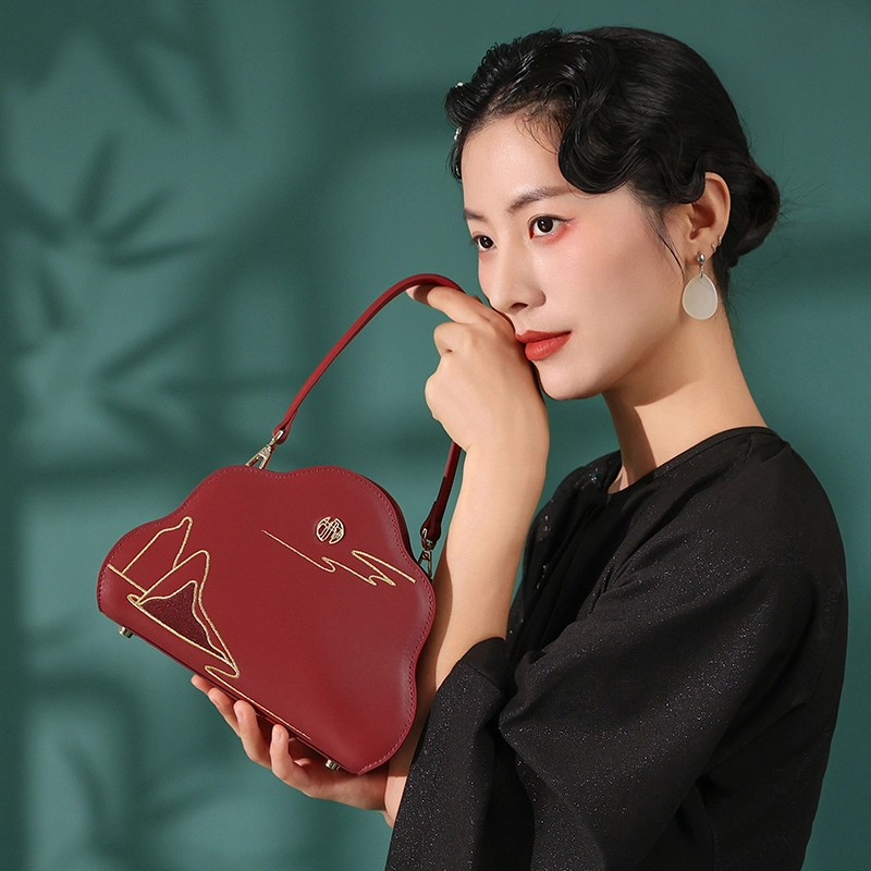 古伊西 云山延绵新中式云朵包 中国风刺绣工艺 牛皮 小众新娘结婚包手提斜挎包 女款 开门红
