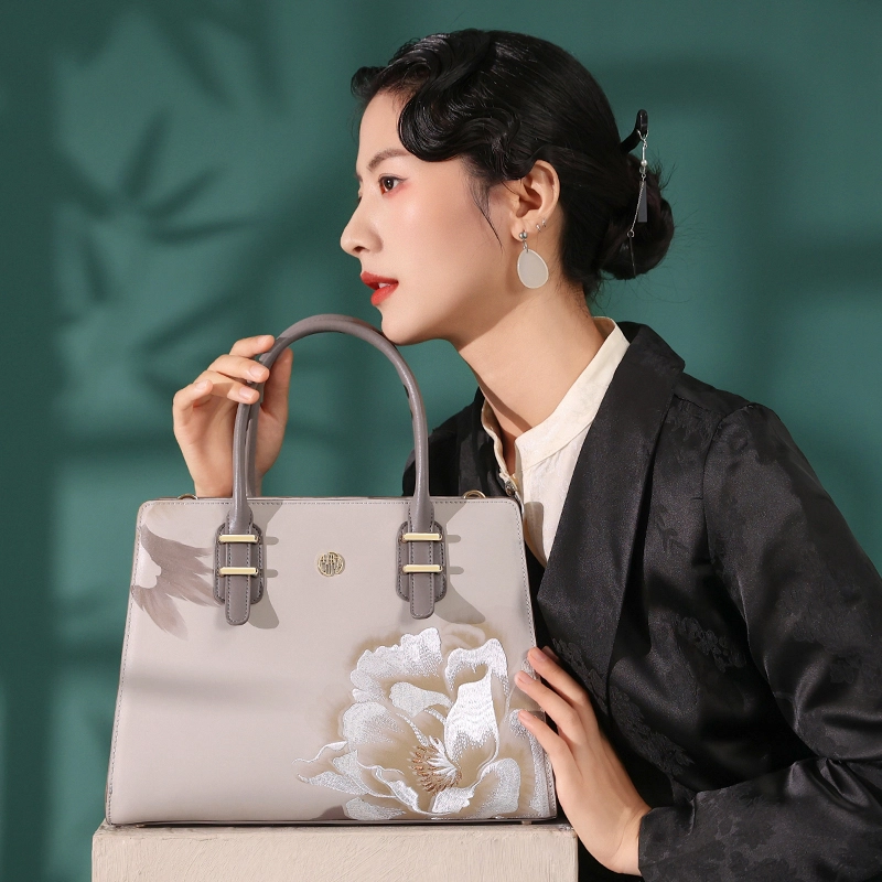 古伊西 新中式时尚潮流高级感 牛剖层皮革 手提斜挎包 女款
