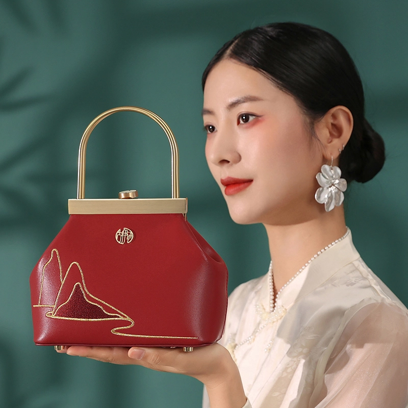 古伊西 云山绵延新中式公主包 中国风刺绣工艺 牛皮 婚礼喜宴新娘结婚手提包旗袍口金包 小号 女款 开门红