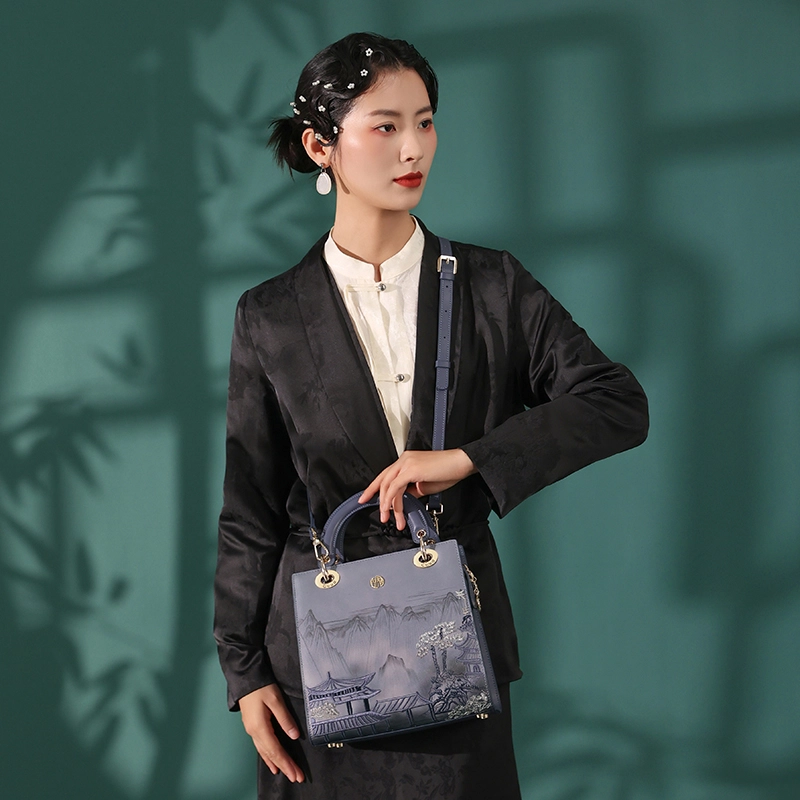 古伊西 亭台望岳 新中式国风刺绣手提包牛皮斜挎包 女款 黛蓝
