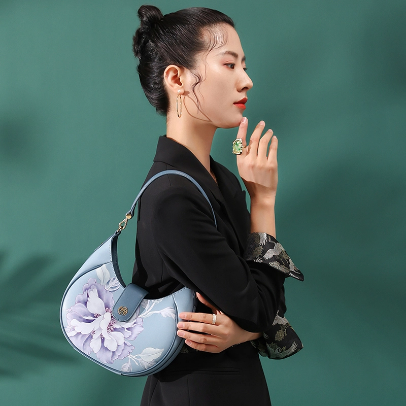 古伊西 芍药花开新中式腋下包 中国风印花工艺 牛皮 单肩包 小号 女款 晴山蓝