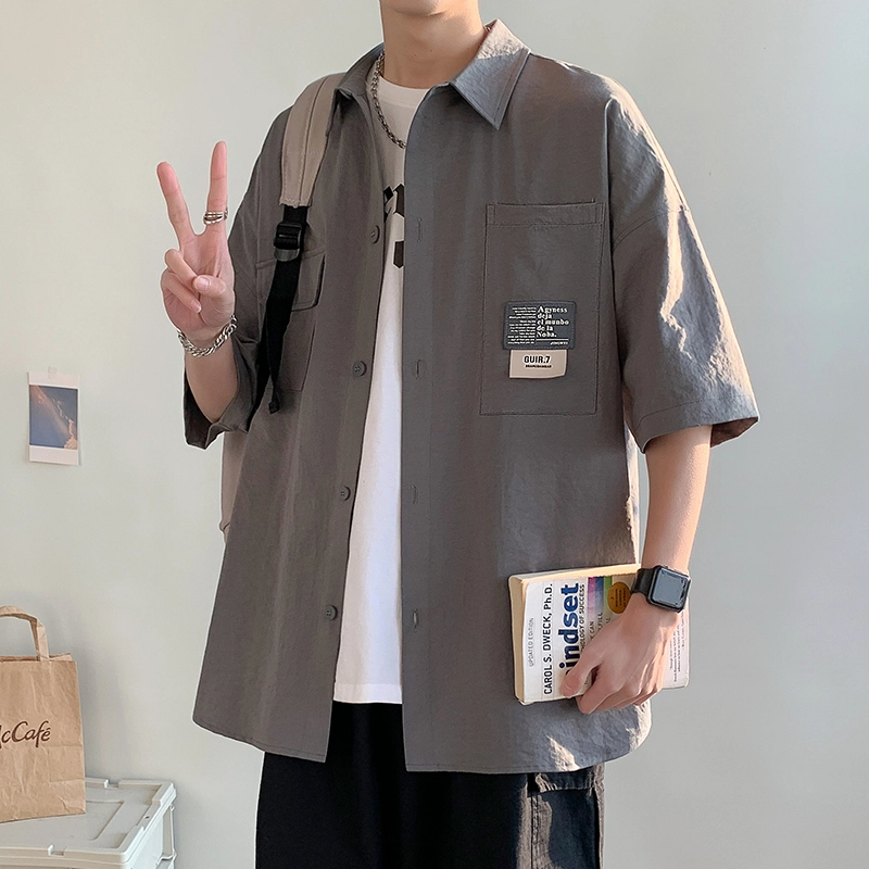 沐诚阳译 美式复古日系风格宽松潮牌舒适翻领经典百搭纯色衬衣休闲轻薄短袖短衬衫 男女同款