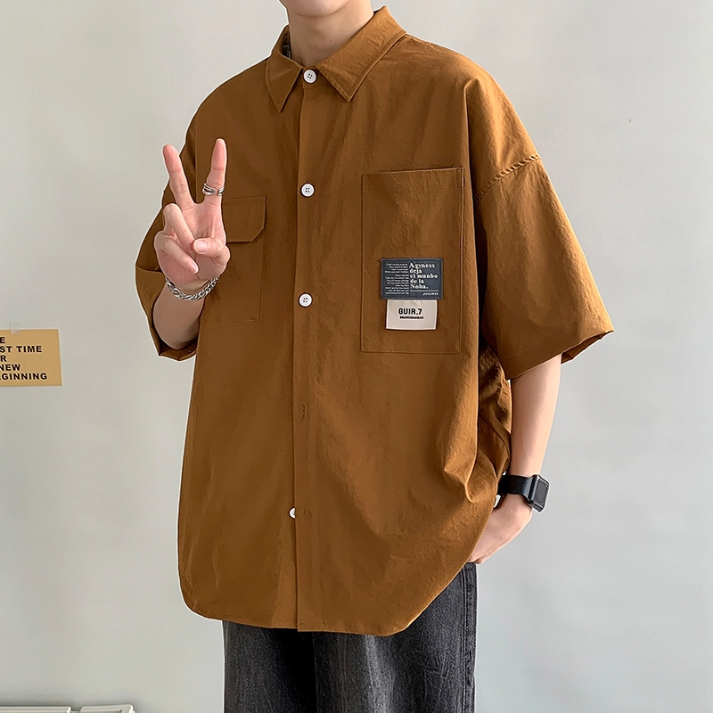 沐诚阳译 美式复古日系风格宽松潮牌舒适翻领经典百搭纯色衬衣休闲轻薄短袖短衬衫 男女同款