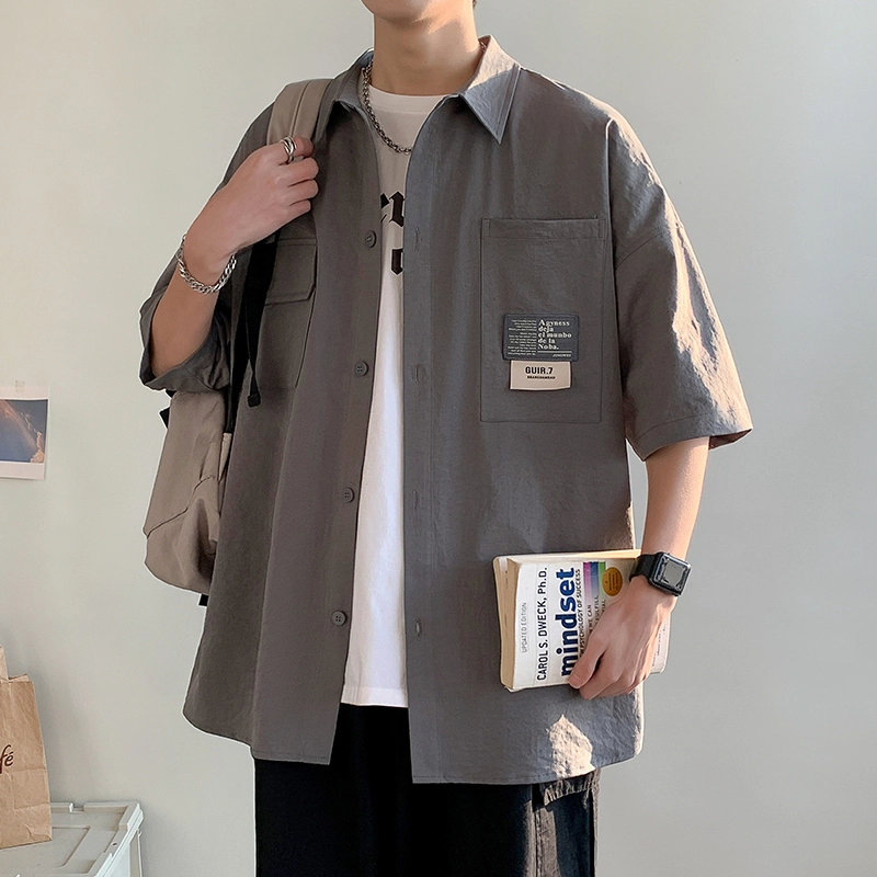 沐诚阳译 美式复古日系风格宽松潮牌舒适翻领经典百搭纯色衬衣休闲轻薄短袖短衬衫 男女同款