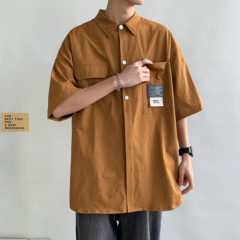 沐诚阳译 美式复古日系风格宽松潮牌舒适翻领经典百搭纯色衬衣休闲轻薄短袖短衬衫 男女同款